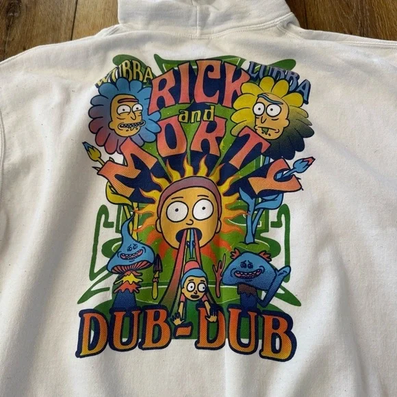 Rick & Morty white long-sleeved hoodie with colorful graphic front pocket, XL. - Picture 9 of 12